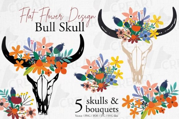 Download Floral Bull Skull Bouquets Flat Graphic - Bouquet Collection